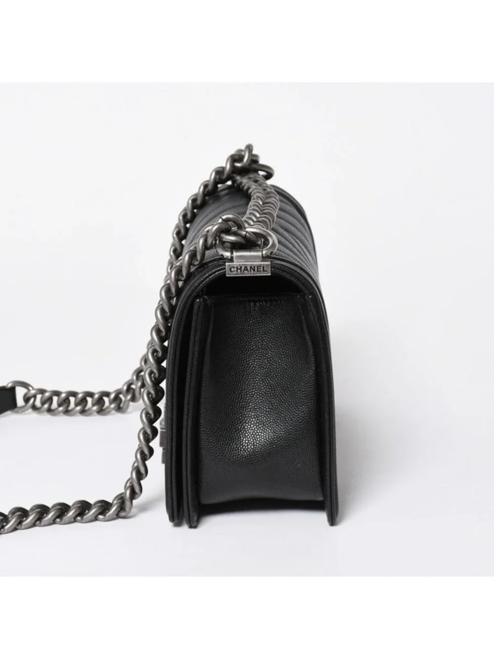 Chanel Boy Chain Shoulder Bag Chevron V-stitch CC Logo Black